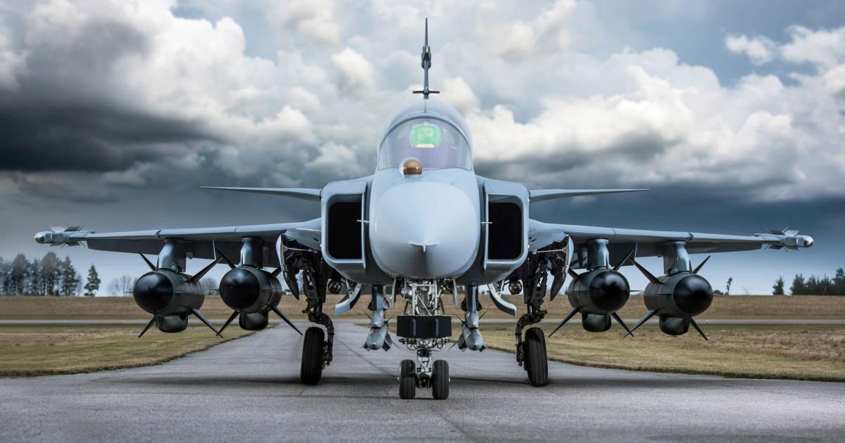 Saab has a program to develop and produce the RBS15 NG (top), a new-generation version of the air-to-surface missile. The new-design JAS 39F Gripen (left) is “much more than just a two-seat E-model.” And the new Arexis EW pod (above) provides electronic stealth with minimal integration issues.