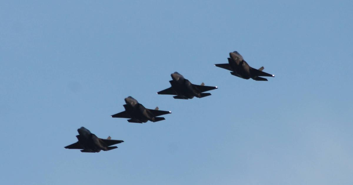 The first four F-35Bs to be based in the UK arrive overhead their base at RAF Marham. (Chris Pocock)
