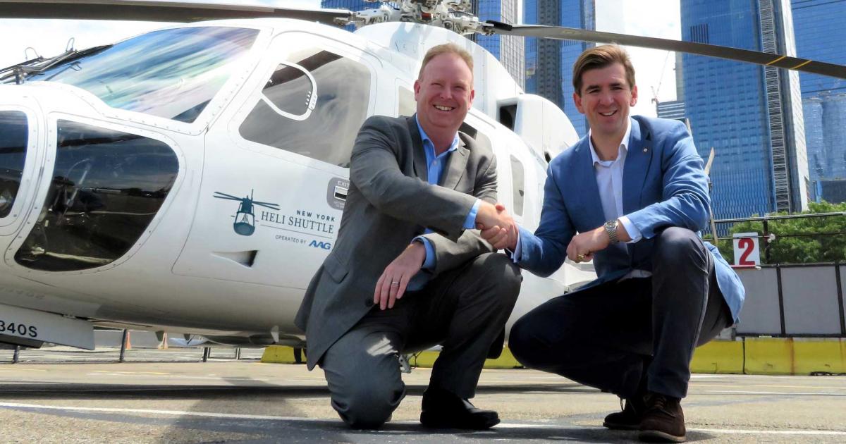 Sean Redfern (l.) director of sales and business development at Associated Aircraft Group (AAG) poses at a Manhattan heliport, in front of one of his company's S-76s along with Robert Walters, London Biggin Hill Airport's Biggin Hill’s business development manager, celebrating the launch of a new shuttle service from Teterboro Airport. The service will mirror one that has been in place for the past several years, linking the UK airport with London's center.