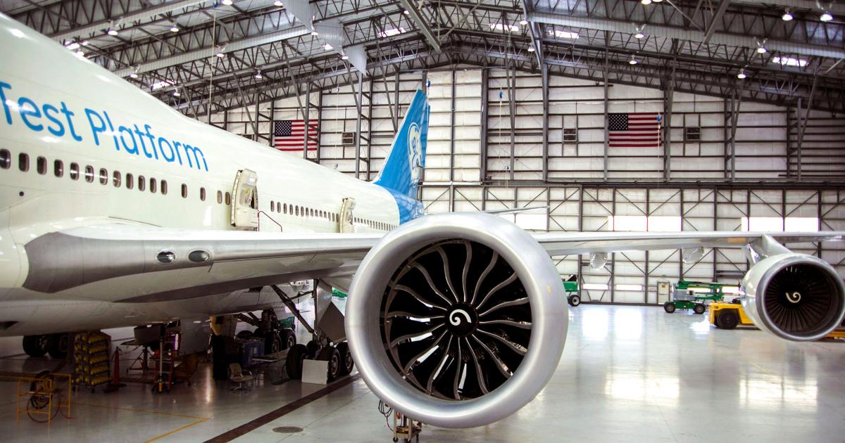 The mammoth GE9X turbofan, about to launch its second flight-test phase, dwarfs the CF6-80 C2 engines mounted on the company’s Boeing 747 flying testbed.