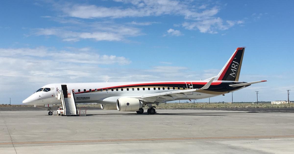 The first MRJ flight-test aircraft sits on display during a media trip to the program's flight test center in Moses Lake, Washington. (Photo: Alexa Rexroth) 
