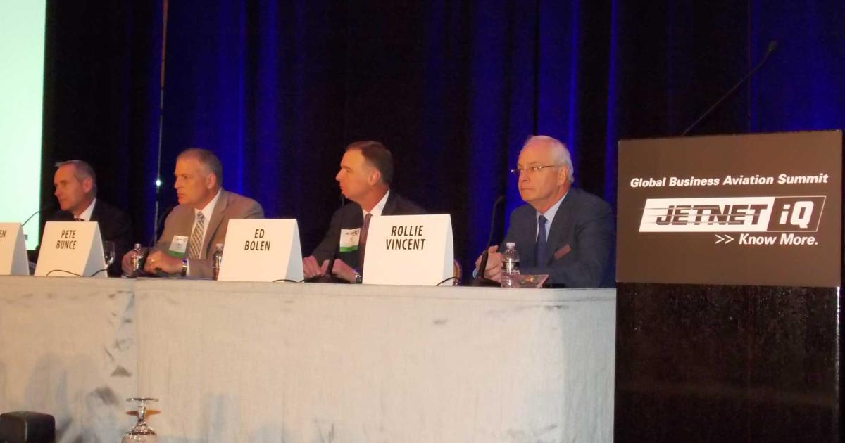(r-l) JetNet IQ managing director Rollie Vincent, led a discussion kicking off the 8th Annual Jetnet IQ Summit with NBAA president and CEO Ed Bolen, GAMA president Pete Bunce and EBAA chairman Juergen Wiese. (Photo: Curt Epstein)