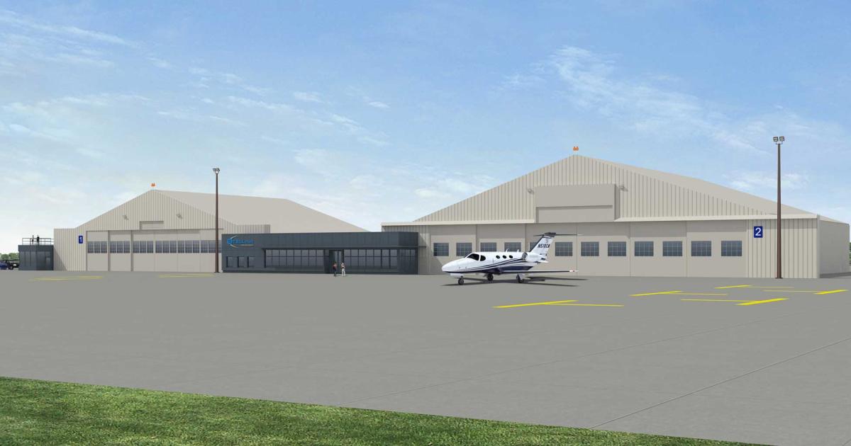 An artist rendering of the GA complex at Abraham Lincoln Capital Airport shows the new terminal nestled between a pair of vintage hangars. All three buildings will see major renovations as part of the multi-million dollar project.