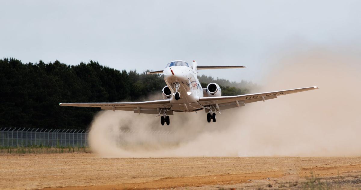 On June 19, Pilatus Aircraft started rough field testing of its PC-24 twinjet at the UK’s Woodbridge Airfield. It expects to receive approval for operations on unpaved runways by year-end. (Photo: Pilatus Aircraft)