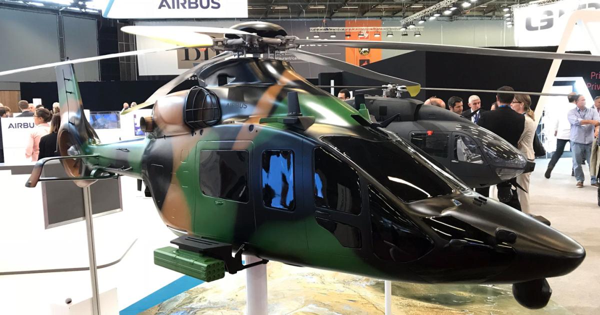 The H160M/HIL model displayed at the Eurosatory show was in French army configuration, with a laser-guided rocket pod on one side and 20-mm cannon on the other. (Photo: David Donald)
