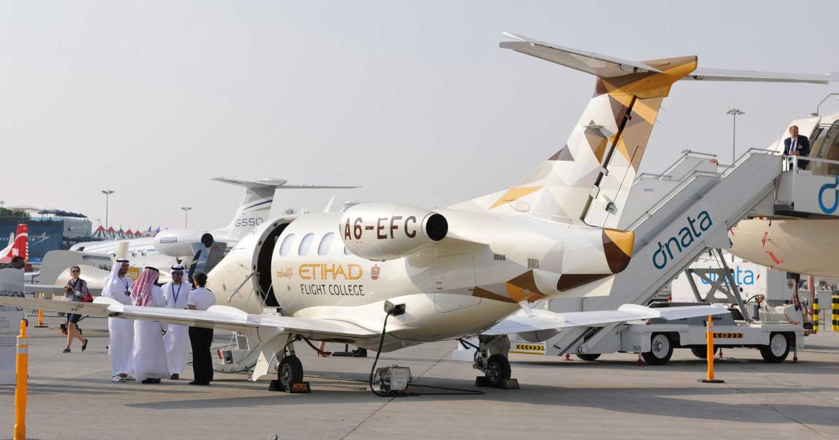 The Etihad Aviation Training fleet encompasses aircraft from piston singles, including aerobatic Extra 300s, up to the Embraer Phenom 100 light jet. The organization is branching out to offer third-party training to worldwide customers, addressing the current global pilot shortage.