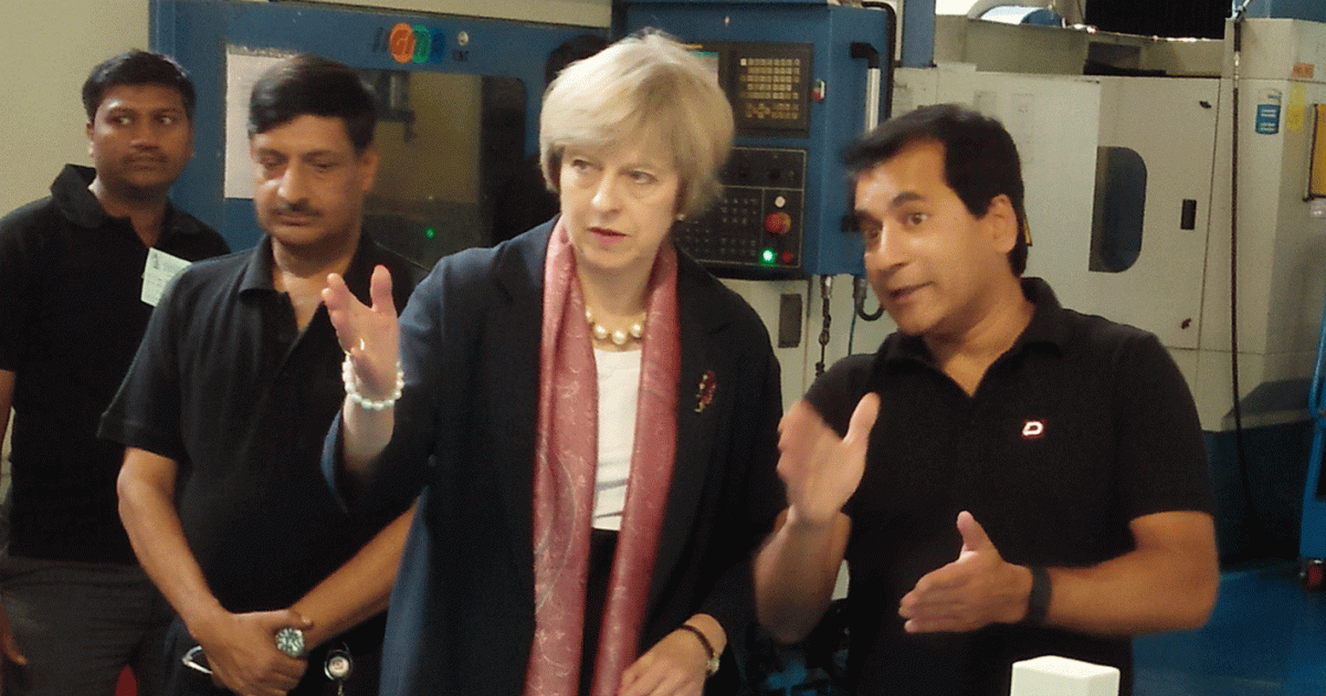 British prime minister Theresa May met with Dynamatic Technologies CEO Udayant Malhoutra at its Bangalore facililty in 2016.