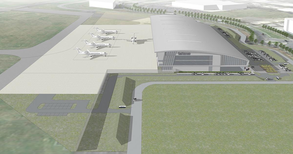A rendering of Gulfstream’s planned factory-owned service center at TAG Farnborough.