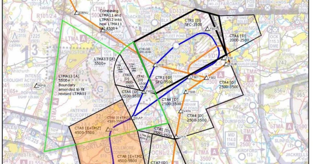 TAG Farnborough Airport’s new Class D airspace change will include two airspace blocks to the southwest and south of the airport classified as Class E. 