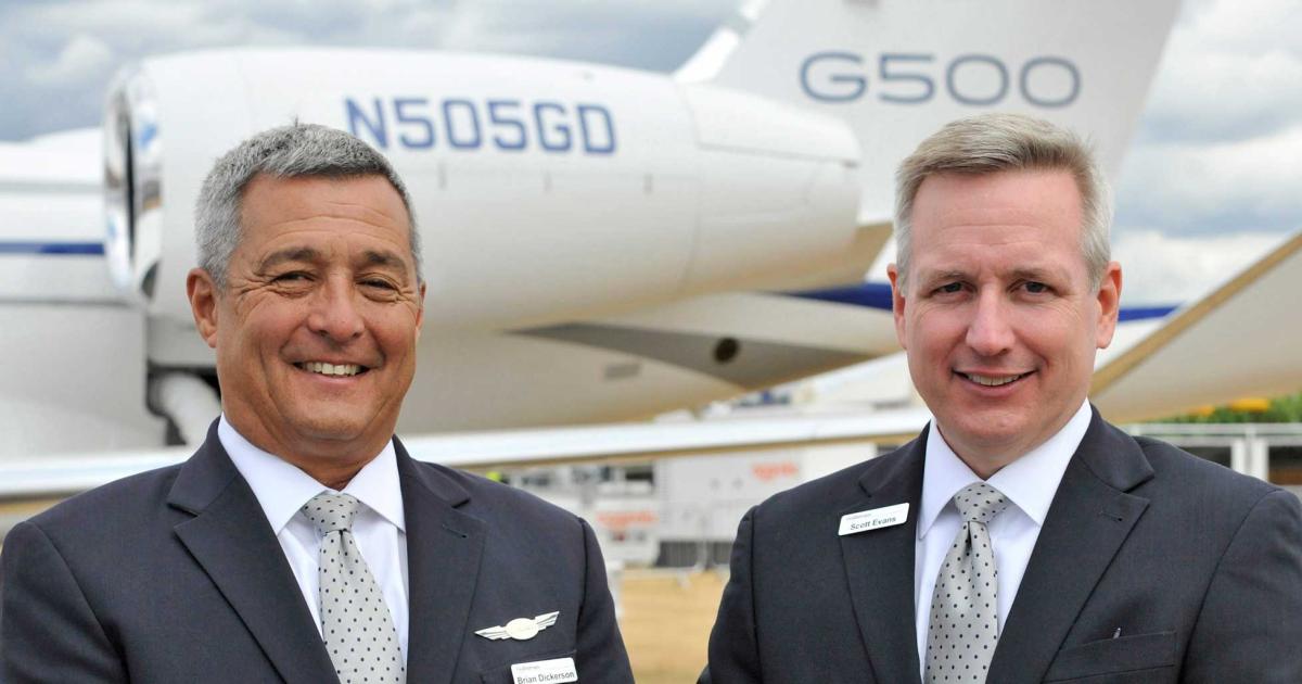 Brian Dickerson, Gulfstream chief pilot for large cabin aircraft demonstration, with Scott Evans, director of demonstration and corporate flight operations, at Farnborough after the seven-month G500 sales tour.