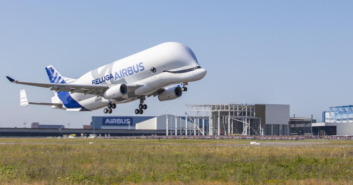 The first BelugaXL takes off from Blagnac Airport in Toulouse. (Photo: Airbus)