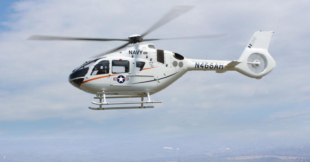 In May Airbus painted an H135 in Navy colors to highlight its trainer offering. (Photo: Airbus Helicopters)