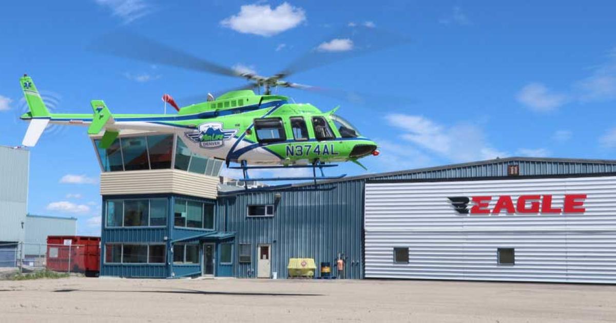 This Eagle 407HP is the first to be configured for EMS use. Its increased payload capacities, fuel savings, and performance in hot and high conditions are the result of combining the airframe of the Bell 407 and the Honeywell HTS900 engine.