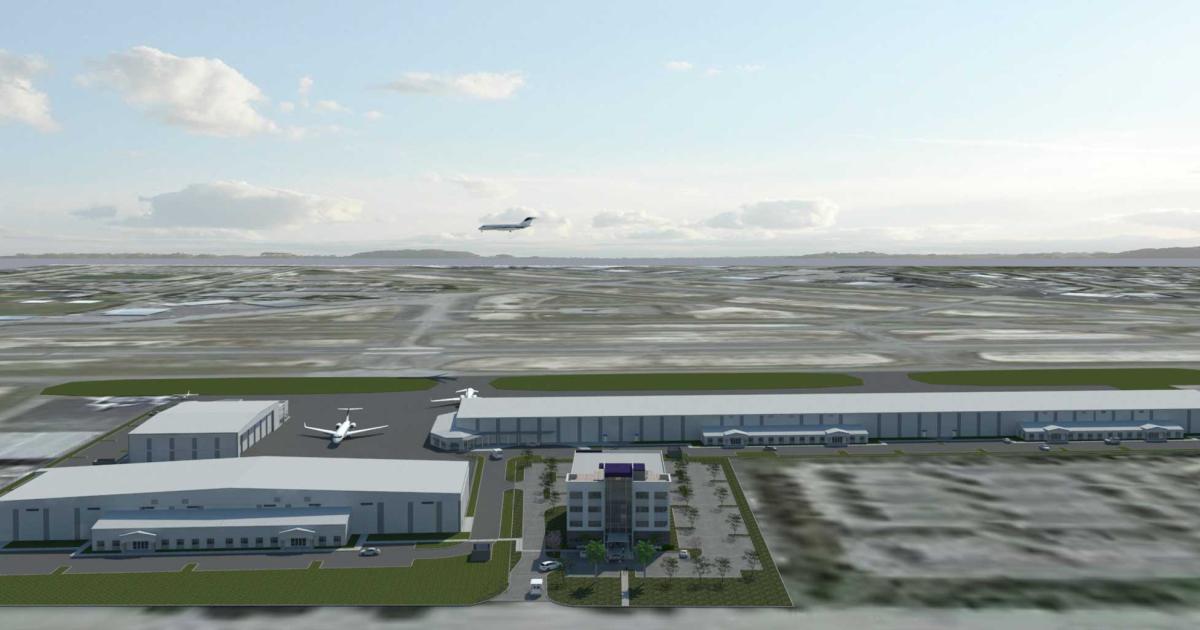 An artist rendering shows Sheltair's slated hangar complex at Fort Lauderdale Executive Airport. The $30 million complex will be managed by Sheltair, but operated by Banyan Air Service.