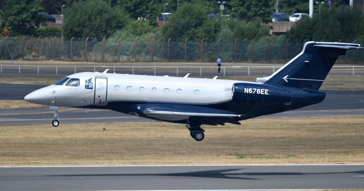 An Embraer Legacy 500 lands after participating in flight validations ahead of the show. (Photo: Mark Wagner)