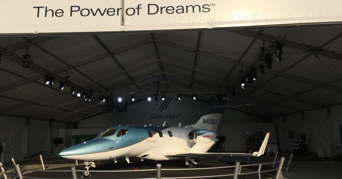 Honda Aircraft brought the HondaJet Elite with Ice Blue exterior to Oshkosh. The first Elite will be handed over to a customer next month. (Photo: Matt Thurber)