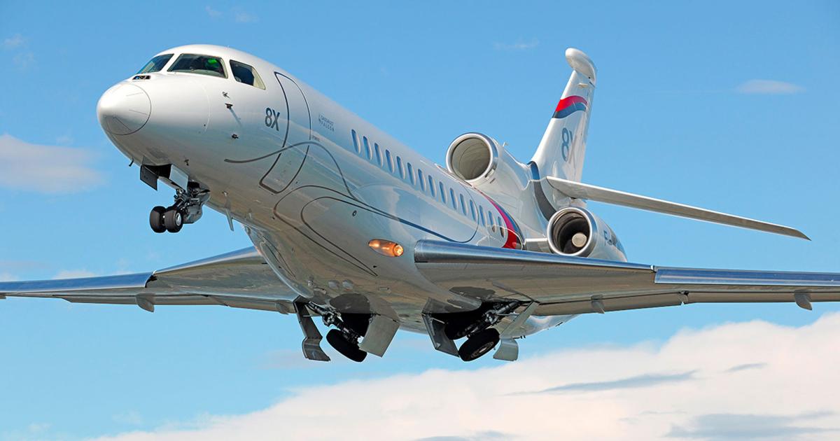According to the latest Business Jet Activity Tracker from Barclays Equity Research, cycles of midsize and large-cabin jets, the latter of which include the Dassault Falcon 8X, have “fully recovered” to pre-financial-crisis levels. (Photo: Dassault Falcon)