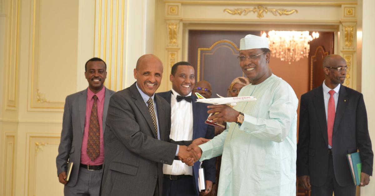 Ethiopian Airlines CEO Tewolde GebreMariam and Chadian president Idriss Deby Itno celebrate Ethiopian’s agreement to help establish a national carrier in the central African nation. (Photo: Ethiopian Airlines) 
