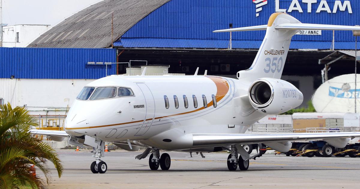 Bombardier’s Challenger 350 demonstrator taxis to the static display for its appearance at LABACE 2018. (Photo: David McIntosh)