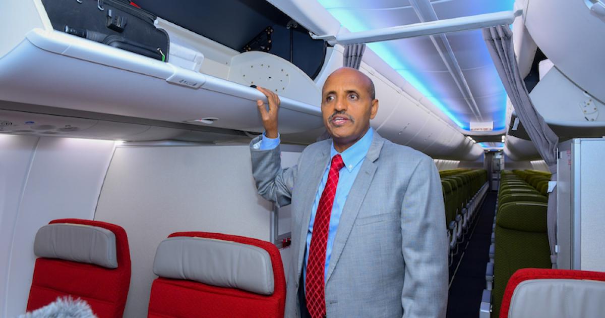 Ethiopian Airlines CEO Tewolde GebreMariam extols the virtues of the interior of the airline's first Boeing 737 Max 8. (Photo: Daniel Getachew)