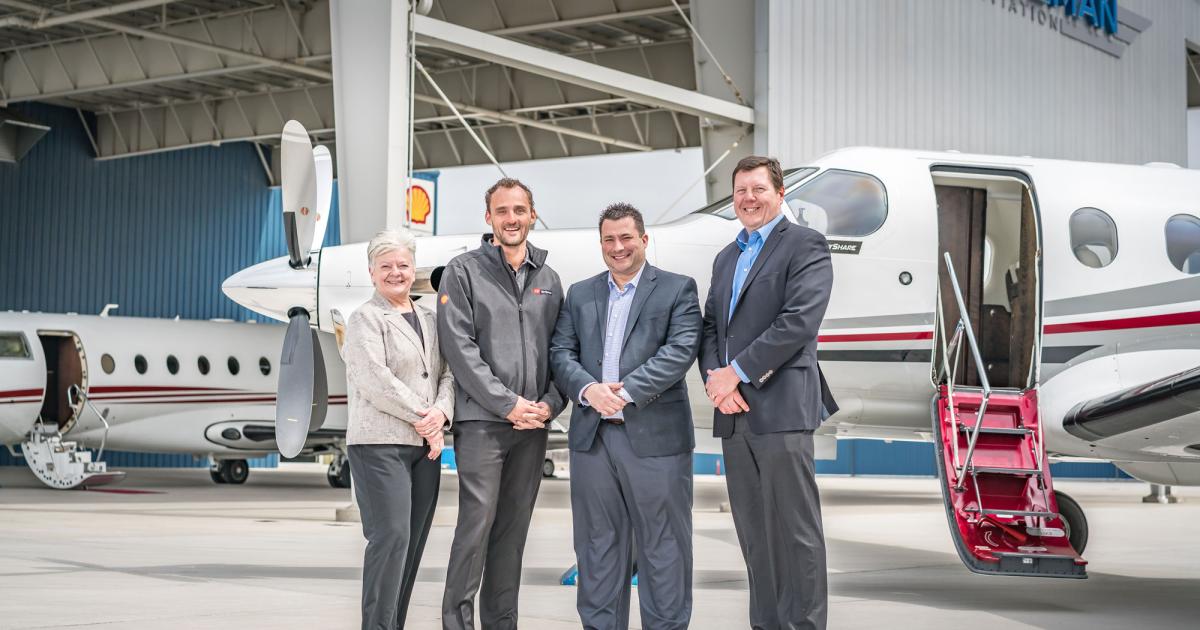 Under a newly signed agreement, Coleman Jet will now operate the aircraft fleet of fractional provider CB SkyShare. Celebrating the deal are (left to right): CB SkyShare v-p Pat Reed and CEO Cory Bengtzen and B Coleman v-p and director of operations Ed Fares and president John Girzadas. (Photo: CB SkyShare)