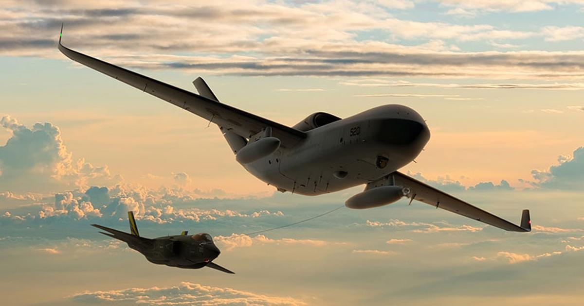 GA-ASI's design for the MQ-25 Stingray tanker employs an external refueling store and underwing tank, along with considerable internal fuel capacity. (image: GA-ASI)