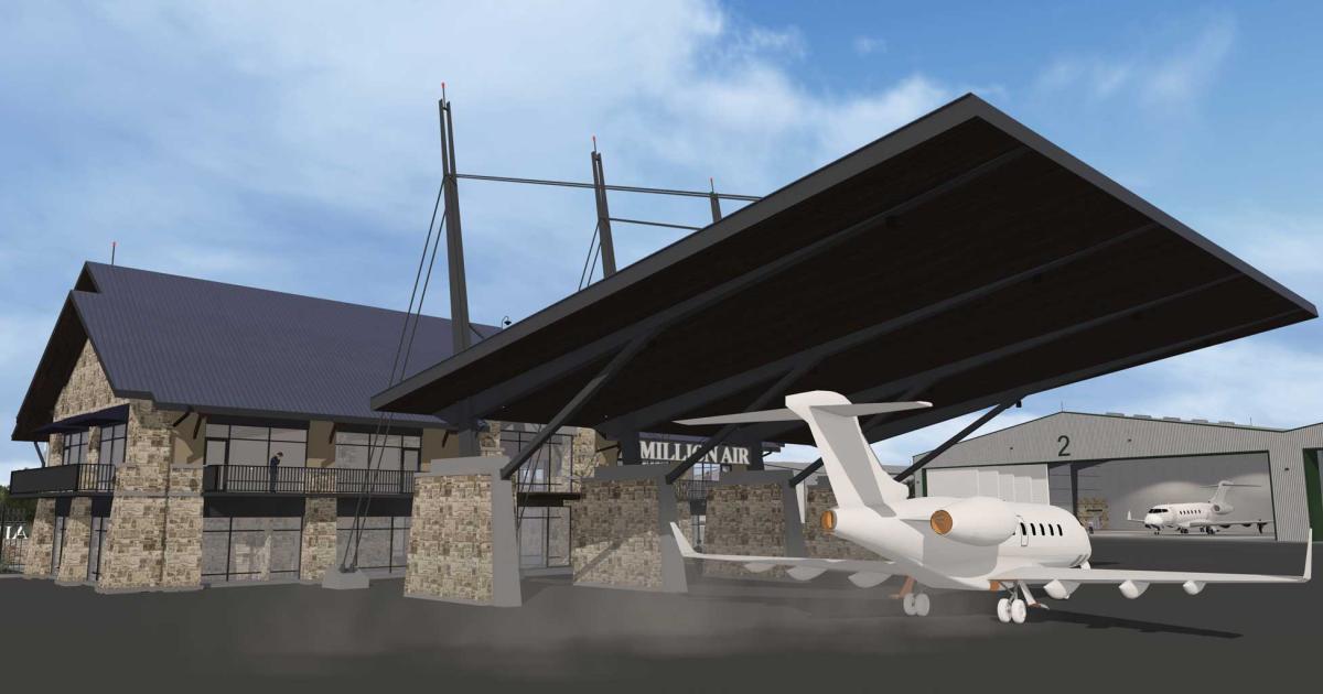 An artist rendering shows the planned Million Air FBO at Austin-Bergstrom International Airport. It will feature an airside arrivals canopy, and when completed next summer, will bring the number of FBOs on the field to three.
