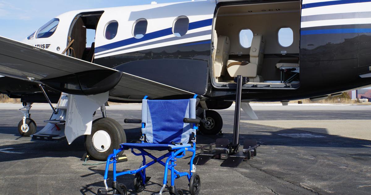 The Pro Star wheelchair lift system uses the PC-12's large cargo door as the point of entry for a wheelchair-bound passenger. (Photo: Matt Thurber)