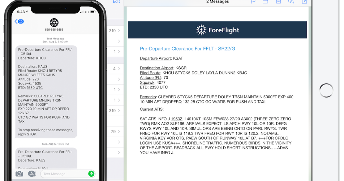 Pre-departure clearance and digital-ATIS received via text and email via the ForeFlight Mobile app will make flying IFR easier and reduce workload for pilots and controllers.