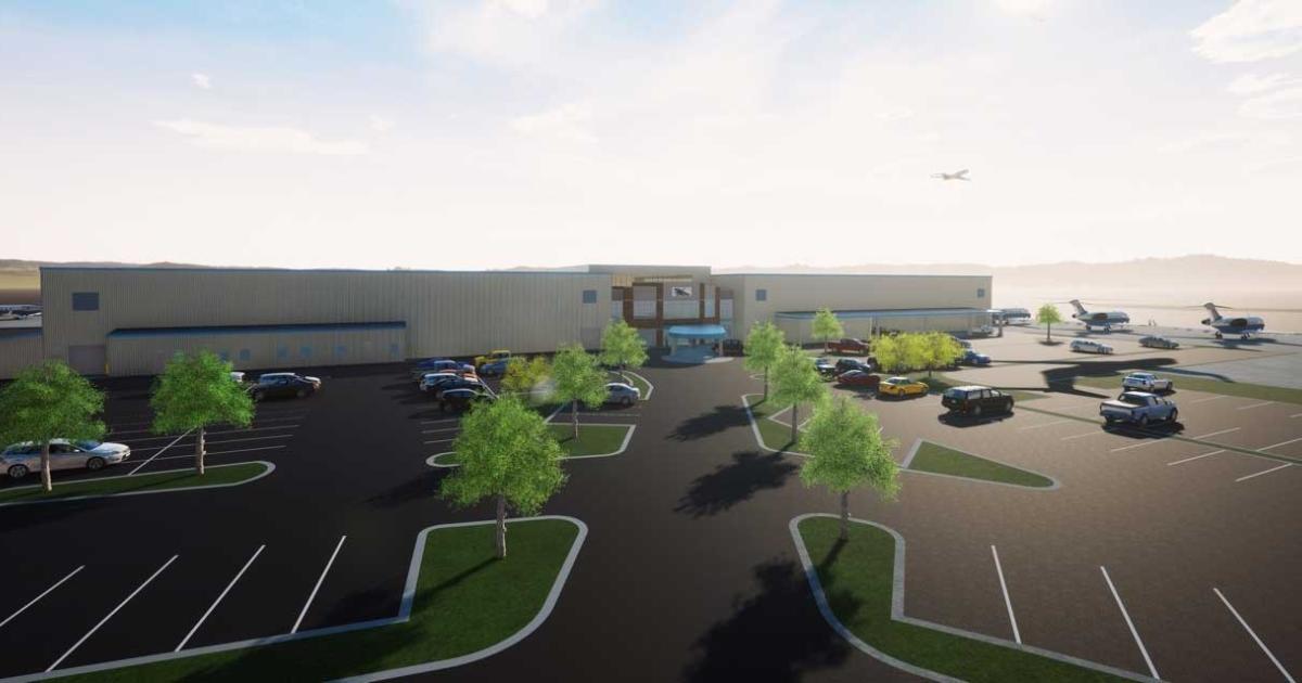 An artist rendering shows the planned new Chantilly Air FBO at Virginia's Manassas Regional Airport. A charter and maintenance provider at the Washington, D.C.-area airport for nearly 30 years, the company will spend up to $13 million on the new complex, which is expected to open next year, as the airport's third service provider.