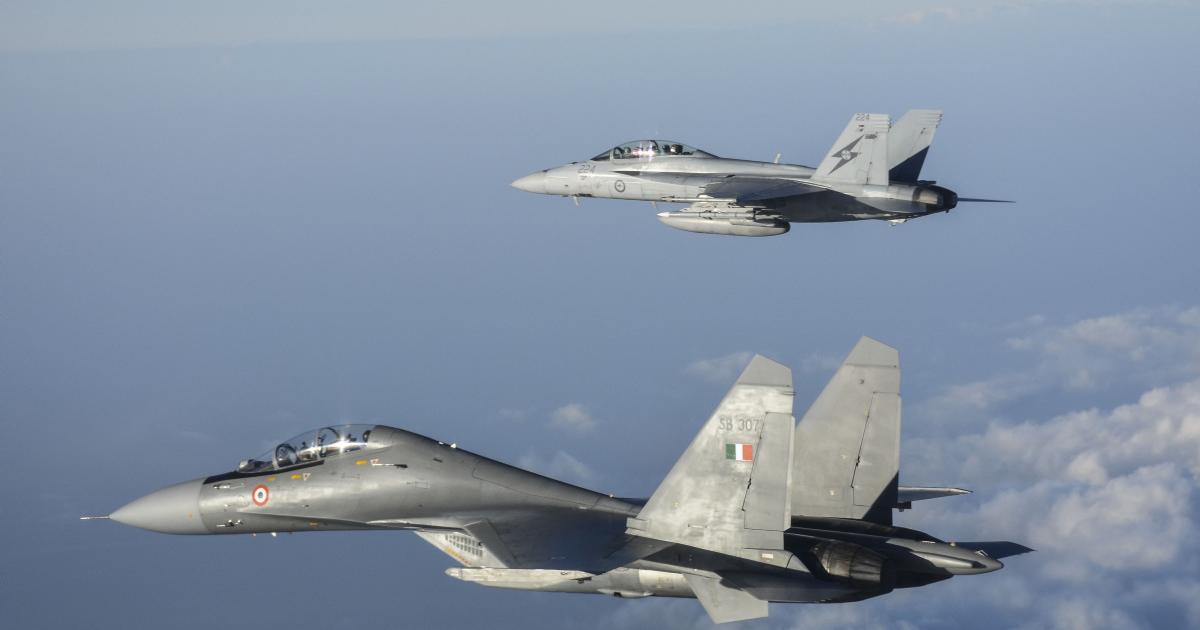 The AMCA stealthy fifth-generation fighter project aims to provide a replacement for India's Sukhoi SU-30MKI fighters, one of which is seen here with an Australian F/A-18 Hornet. (photo: Royal Australian Air Force)