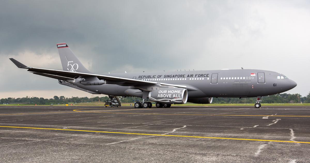 Singapore’s first A330 MRTT is seen here during its formal unveiling at Tengah on September 1, painted in special markings for the RSAF 50th anniversary. (photo: Chen Chuanren)
