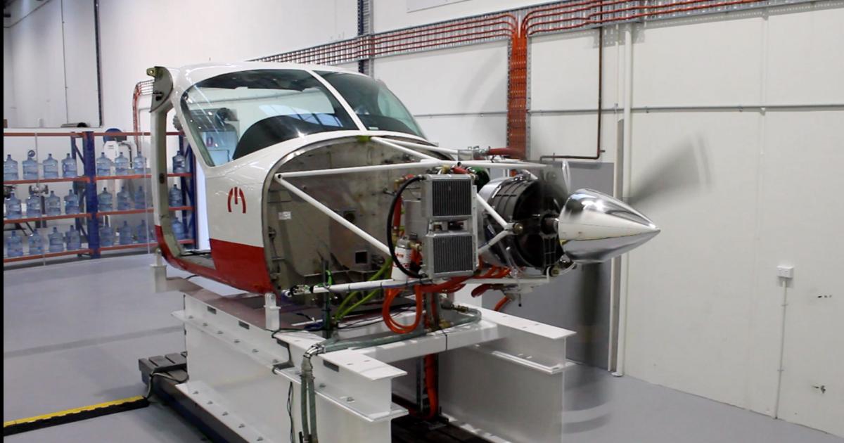 According to MagniX, it has successfully tested a 350-hp all-electric motor with a propeller mounted on a Cessna iron bird. The company expects to install a 750-hp propulsion system on a Cessna 208 Caravan in late 2019. (Photo: MagniX)