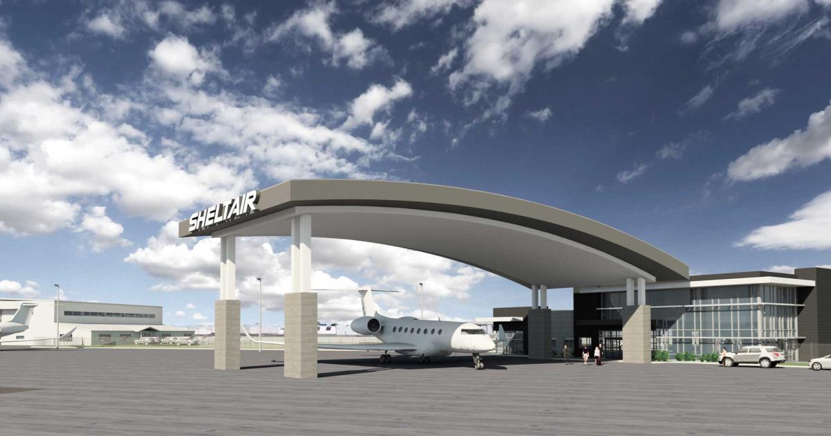 An artist rendering shows the planned new Sheltair FBO at Colorado's Rocky Mountain Metropolitan Airport. When completed early in 2020, it will be the second service location on the field.