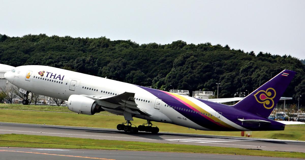 A Thai Airways Boeing 777-200 takes off from Tokyo Narita International Airport. (Photo: Flickr: <a href="http://creativecommons.org/licenses/by/2.0/" target="_blank">Creative Commons (BY)</a> by <a href="http://flickr.com/people/14652587@N05" target="_blank">lkarasawa</a>)