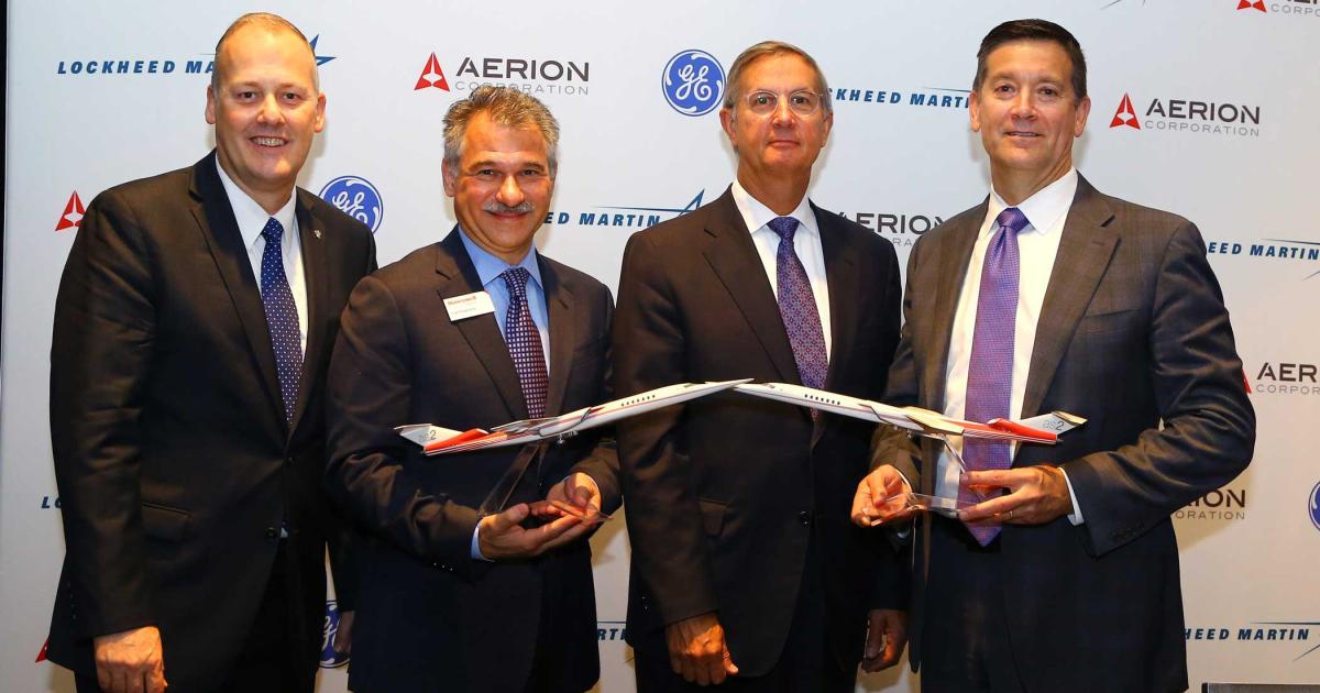 Announcing the engine and avionics for the AS2 were (l to r) Lockheed Martin's Dave Richardson, Honeywell's Carl Esposito, GE's Brad Mottier, and Aerion's Tom Vice.