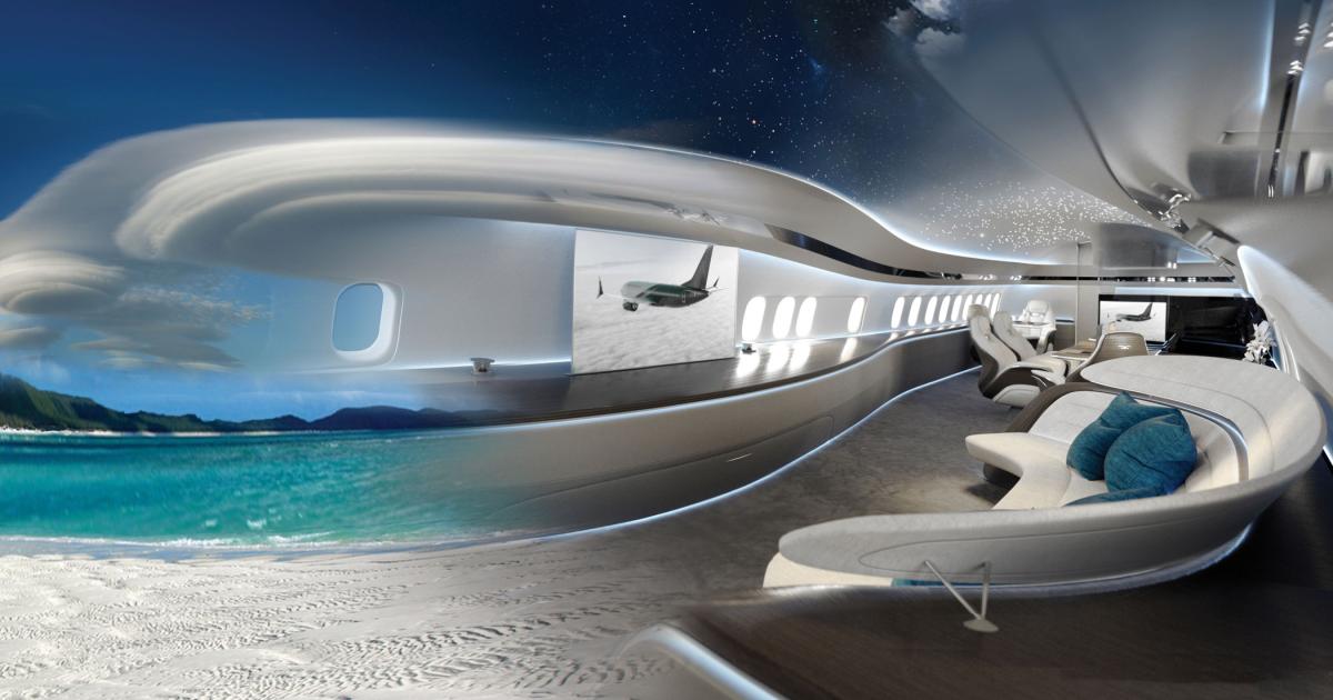 In partnership with SkyStyle, Boeing Business Jets has developed the Genesis cabin interior design, resulting in this conceptual image. 
With its sweeping curves and generous open space, company head Greg Laxton calls it “yet another example of our exclusive cabin capabilities.”