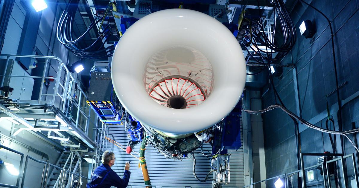 Rolls-Royce’s Pearl 15 turbofan, slated to power the planned Bombardier Global 5500 and 6500 long-range business jets, is shown in an engine test cell. The engine was EASA-certified in February.