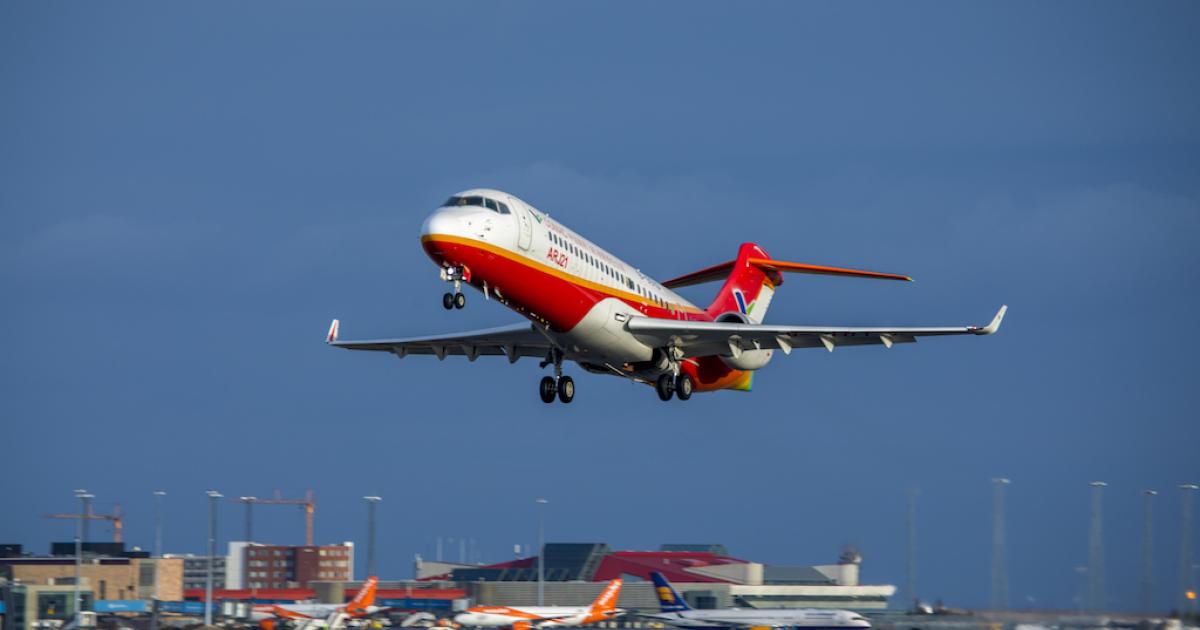 A Comac ARJ21-700 test article takes off for crosswind testing at Keflavik International Airport in April 2018. (Photo: AJW Group)