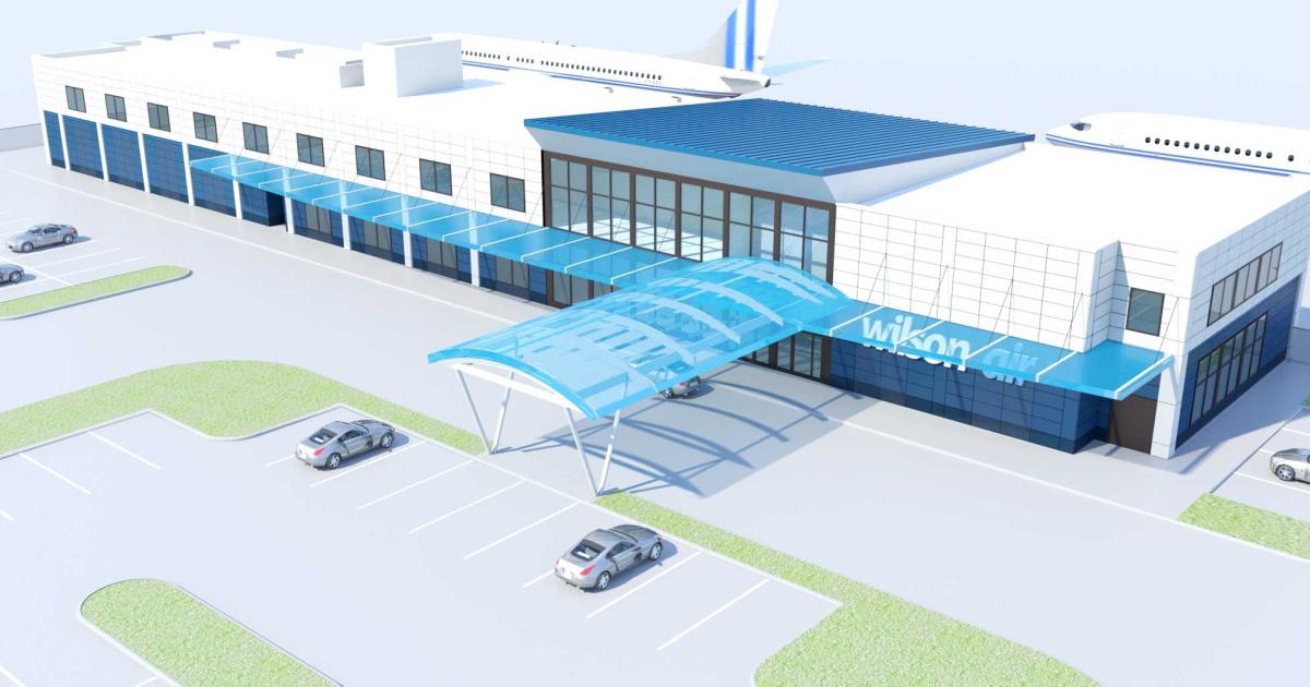 This artist rendering shows the new addition planned for the general aviation terminal at North Carolina's Charlotte/Douglas International Airport, where Wilson Jet Center is the lone FBO. Planned for a summer 2020 debut, the 30,000 sq ft building will include a new U.S. Customs and Immigration facility, office space for tenants, and conference rooms.