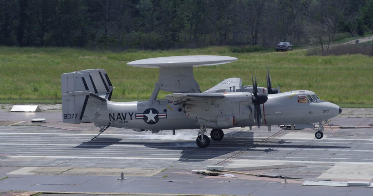 An E-2D Advanced Hawkeye from VX-20 conducts a landing arrested by the General Atomics AAG system at the Navy's RALS test site at Lakehurst, New Jersey. (photo: U.S. Navy)