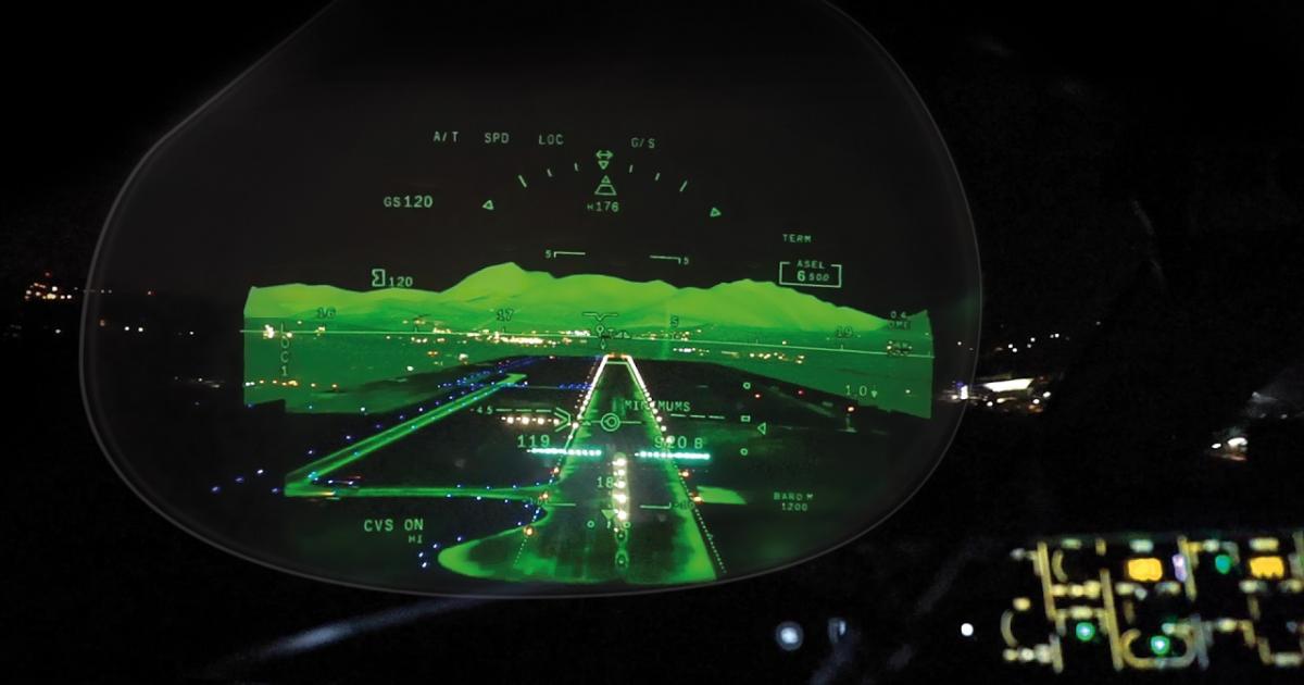 FalconEye combines enhanced vision system (EVS) and synthetic vision system (SVS) imagery on the HUD, but the area surrounding the runway is always displayed in EVS, in an SVS clear zone. (Photo: Dassault Aviation)