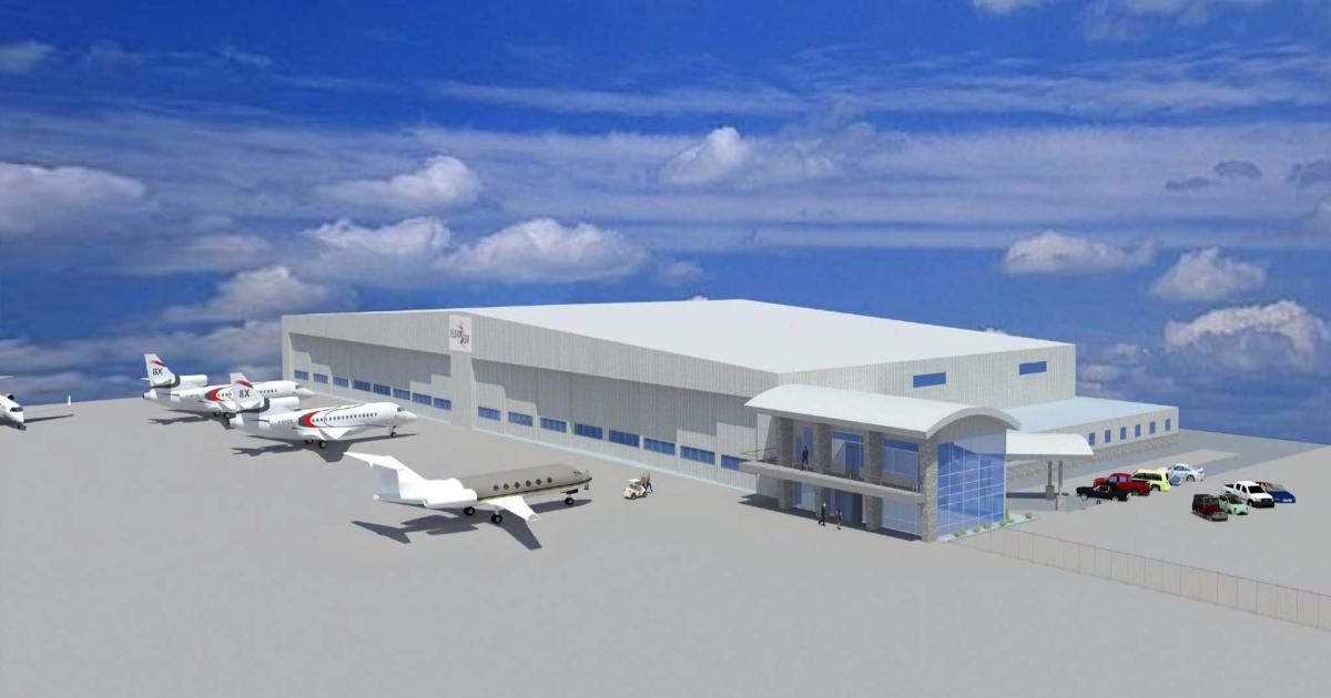 An artist rendering shows the new FlightServ FBO which will be built at New Jersey's Trenton Mercer Airport. The facility, which will feature an 80,000-sq-ft hangar, is expected to be completed by the end of 2019.