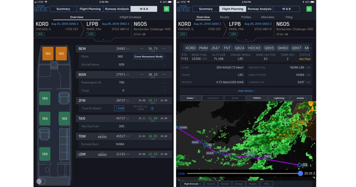 Left, a screen shot showing the Genesis weight and balance floorplan with crew, passenger, and baggage inputs as well as CG calculations. Right, a screen shot of the flight-planning module, which shows the route, graphical depiction with weather overlay, and user-selected constraints..