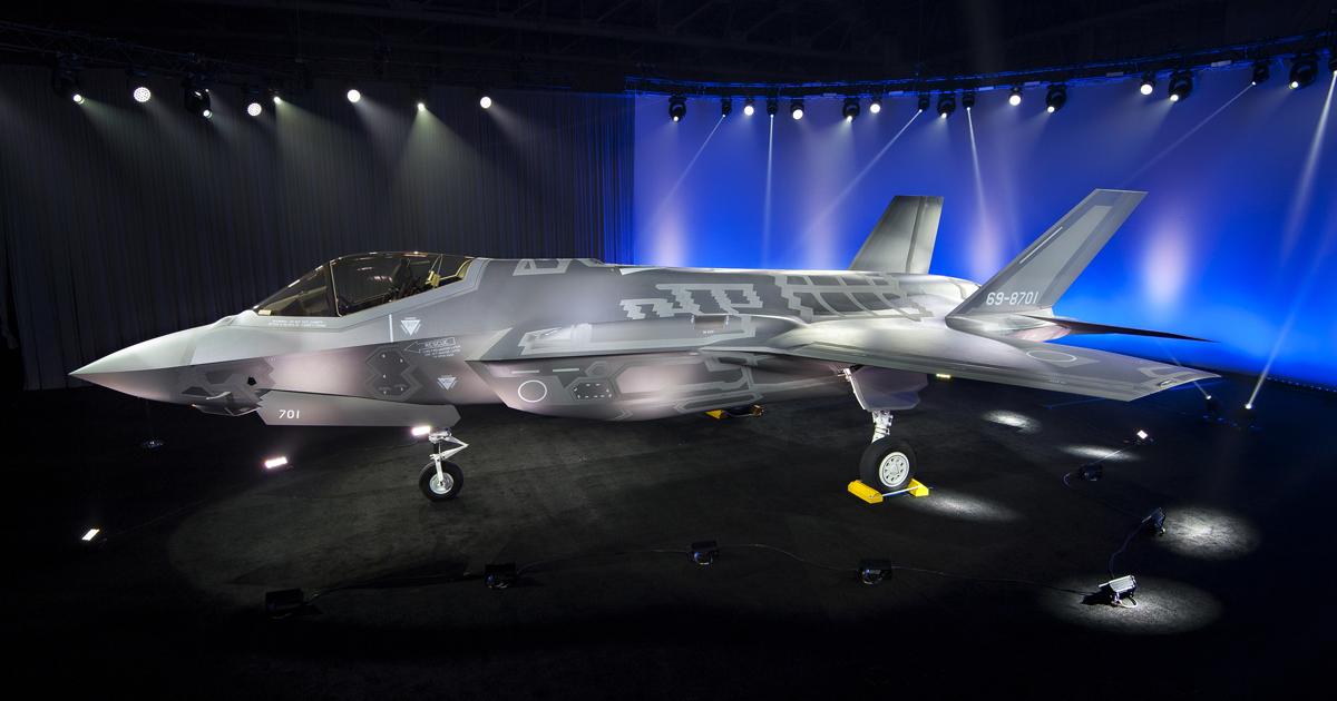 Japan's first F-35A is seen during its rollout ceremony at Fort Worth. Mitsubishi is assembling 38 of the 42 aircraft for Japan at its final assembly and checkout (FACO) plant at Komaki. (photo: Lockheed Martin)