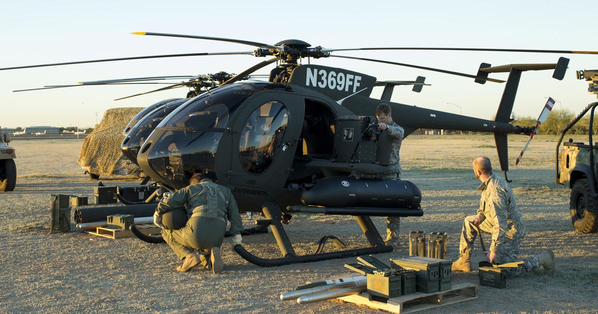 MDHI's MD 530G demonstrator is seen undergoing reloading trials. The machine carries FN Herstal's RMP pod that combines an M3P 0.5-inch machine gun with three rocket pods. (photo: MD Helicopters)