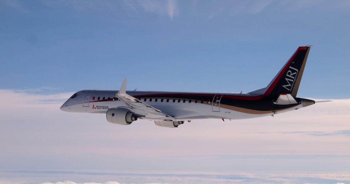 Now scheduled for certification in 2020, the Mitsubishi MRJ90 would compete directly with Bombardier's CRJ family. (Photo: Mitsubishi Aircraft)