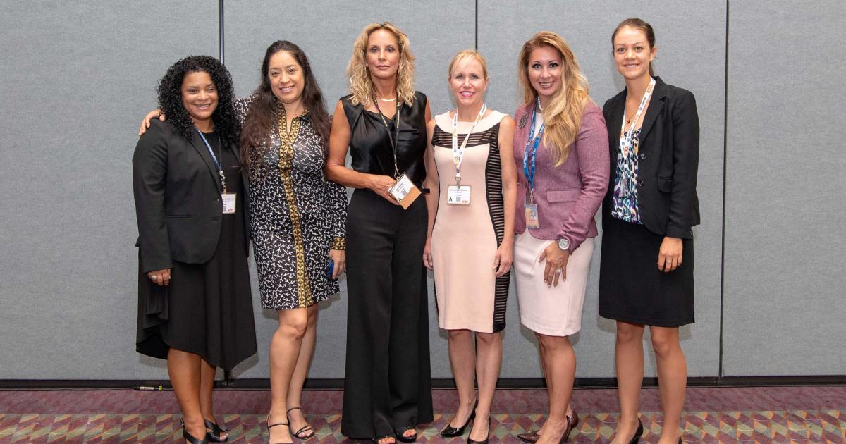 Women in Corporate Aviation 2018 scholarship award winners (left to right) Stacy Everitt, Andrea Garcia, Beth Walker, Kimberly O'Halloran, LaLaina Doudna, and Caitlin Marie Walton.