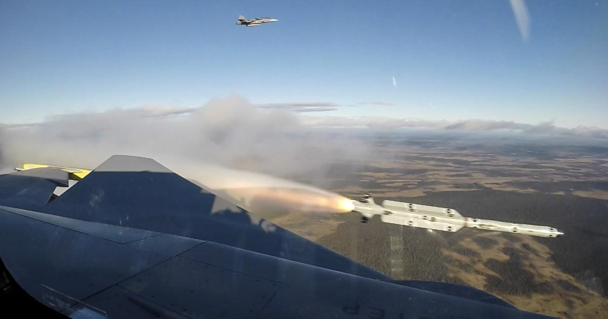 Gripen E 39-8 fires a Diehl BGT Defence IRIS-T missile at Vidsel in October. The IRIS-T is the standard infrared-guided missile for the Gripen fighter. (Photo: Saab)