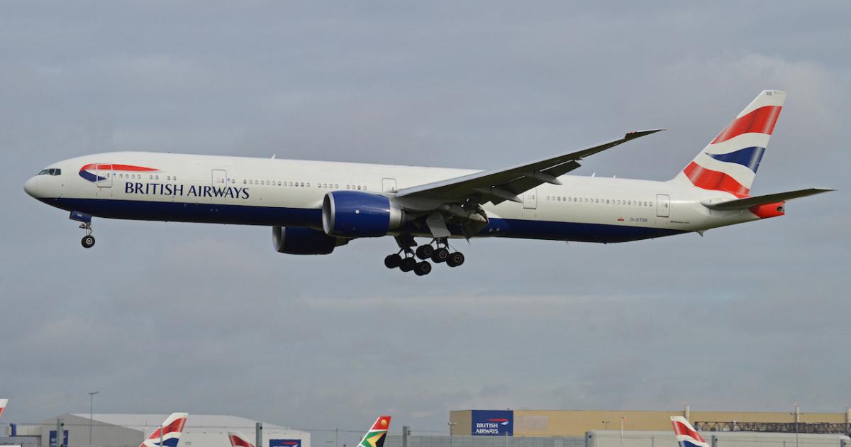 A British Airways Boeing 777-300ER arrives at London Heathrow Airport from New York JFK. (Photo: Flickr: <a href="http://creativecommons.org/licenses/by-sa/2.0/" target="_blank">Creative Commons (BY-SA)</a> by <a href="http://flickr.com/people/ajw1970" target="_blank">Hawkeye UK</a>)